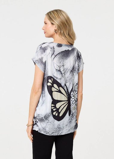 Izabel London Grey Butterfly Print Short Sleeve Tunic Top