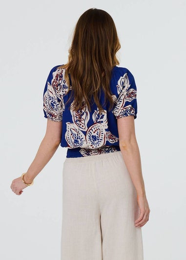 Izabel London Blue Leaf Print Bardot Puff Sleeve Crop Top
