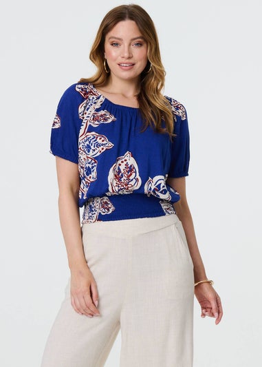 Izabel London Blue Leaf Print Bardot Puff Sleeve Crop Top