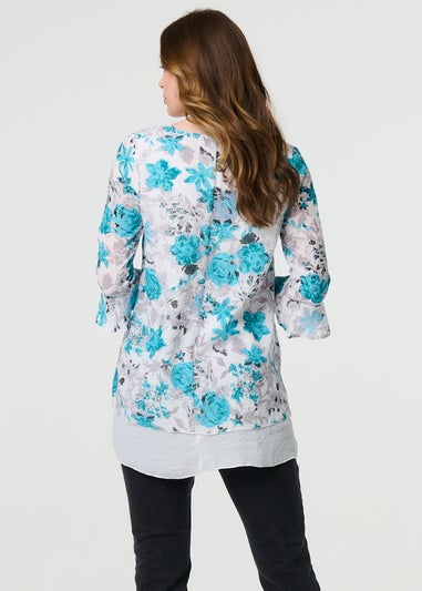 Izabel London Blue Floral Curve Layered Hem Blouse