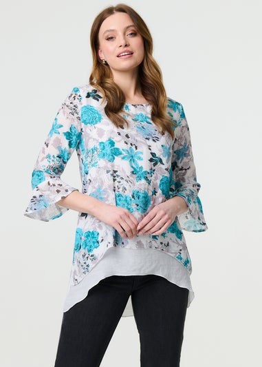 Izabel London Blue Floral Curve Layered Hem Blouse
