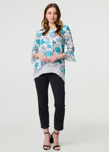 Izabel London Blue Floral Curve Layered Hem Blouse