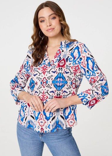 Izabel London Blue Ikat Print V-Neck Blouse