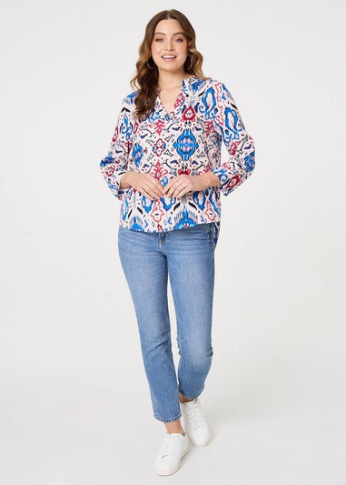 Izabel London Blue Ikat Print V-Neck Blouse