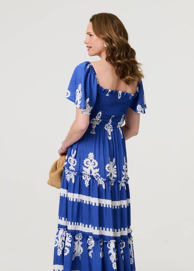Izabel London Blue Ikat Print Short Angel Sleeve Maxi Dress