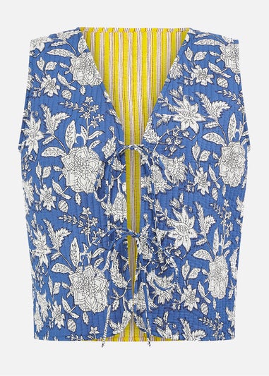 Yumi Blue Floral Reversible Cotton Quilted Waistcoat