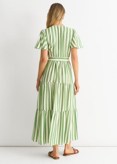 Gini London Sage Green Stripe Wrap Belted Midi Dress