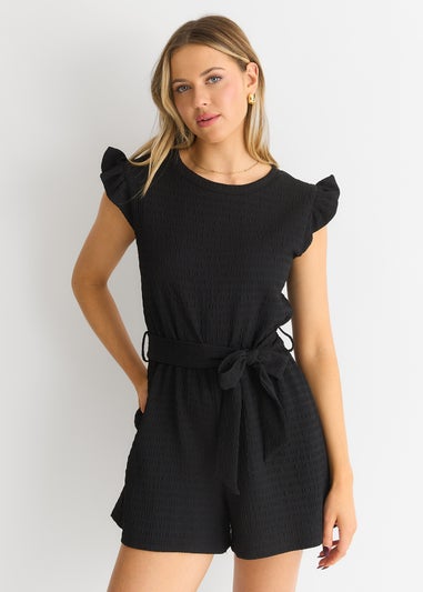 Gini London Black Stretch Texture Frill Elasticated Waist Playsuit