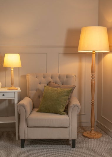 ValueLights Victoria Oak Effect Natural Floor Lamp with Large Tapered Shade