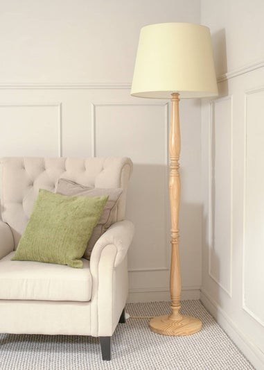 ValueLights Victoria Oak Effect Natural Floor Lamp with Large Tapered Shade