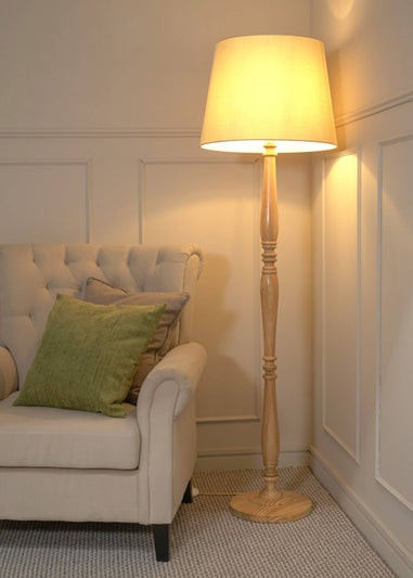 ValueLights Victoria Oak Effect Natural Floor Lamp with Large Tapered Shade