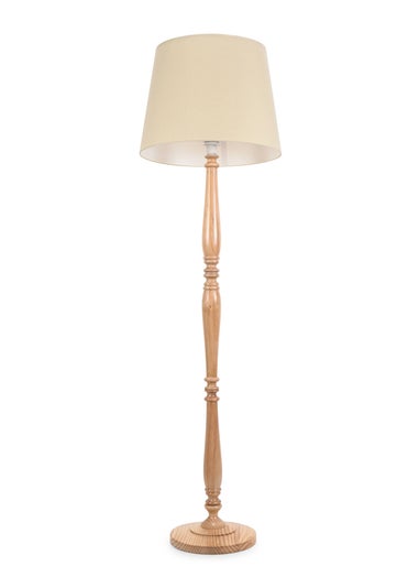 ValueLights Victoria Oak Effect Natural Floor Lamp with Large Tapered Shade