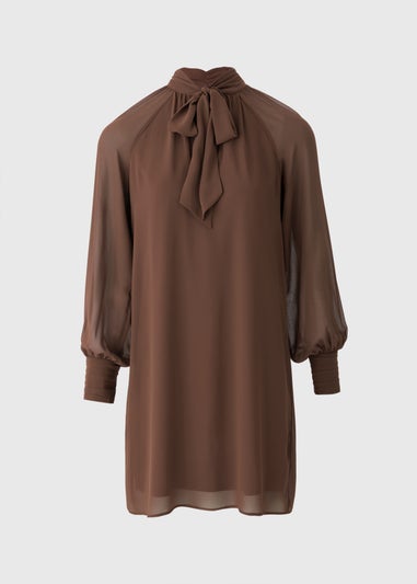 Brown Tie Neck Mini Dress