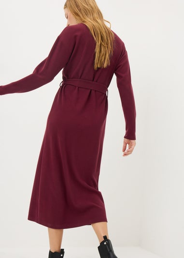 Burgundy Cosy Rib Belted Midi Dress