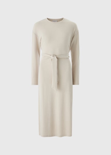 Cream Belted Cosy Midi Dress