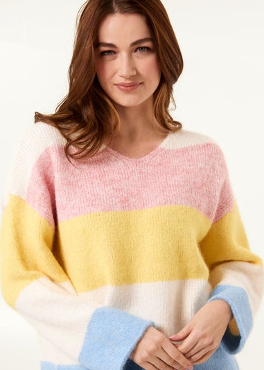 Blue Vanilla Multi Colourful Stripped V Neck Jumper