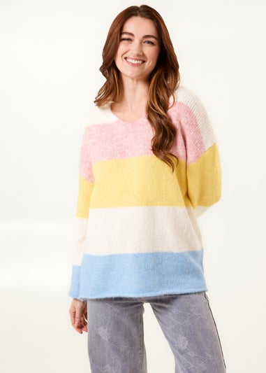 Blue Vanilla Multi Colourful Stripped V Neck Jumper