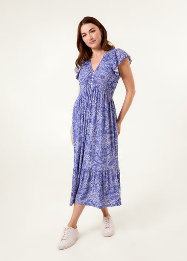 Blue Vanilla Blue Frill Sleeve V Neck Button Front Midi Dress