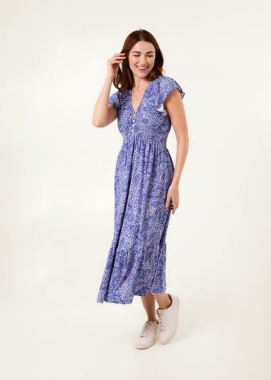 Blue Vanilla Blue Frill Sleeve V Neck Button Front Midi Dress