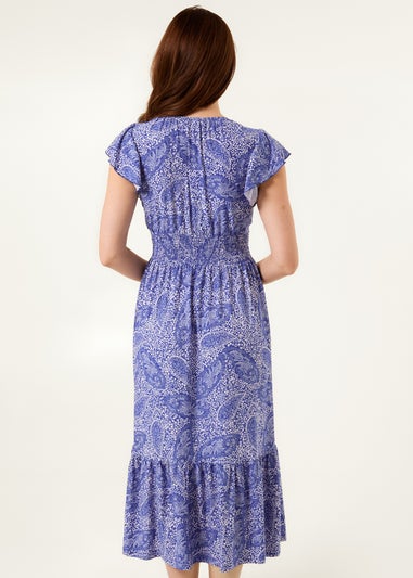 Blue Vanilla Blue Frill Sleeve V Neck Button Front Midi Dress