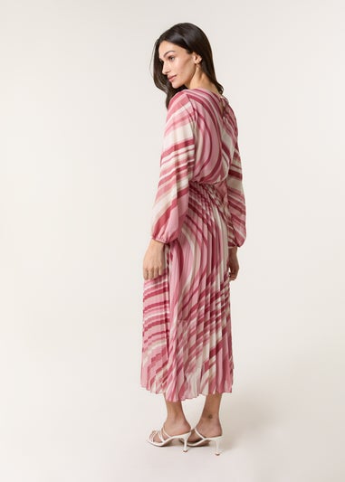 Blue Vanilla Pink Swirl Print Pleated Round Neck Dress