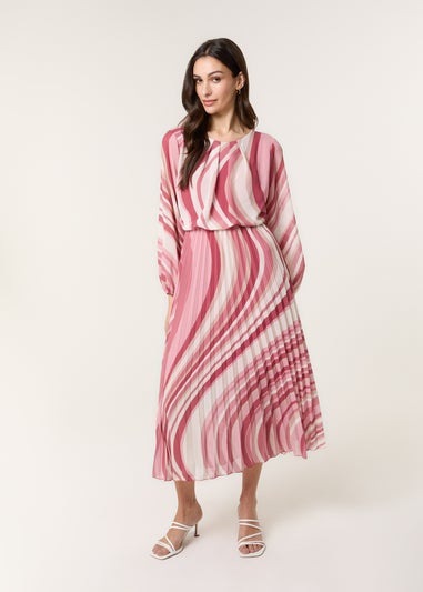 Blue Vanilla Pink Swirl Print Pleated Round Neck Dress
