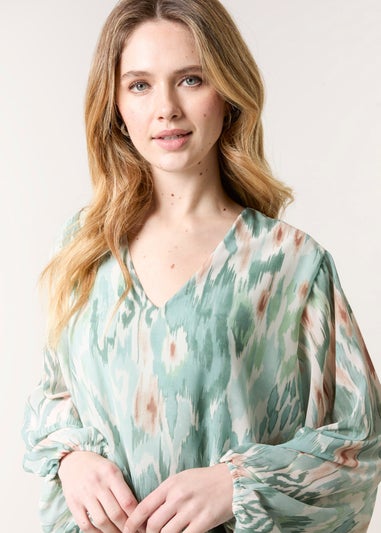 Blue Vanilla Mint V Neck Water Colour Print Blouse