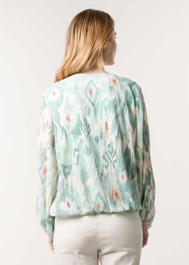 Blue Vanilla Mint V Neck Water Colour Print Blouse