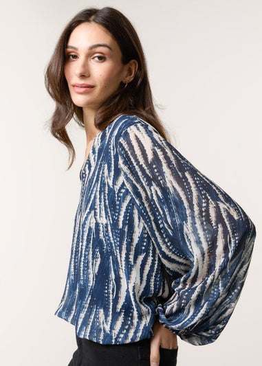 Blue Vanilla Navy V Neck Wavy Print Bubble Hem Top