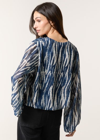 Blue Vanilla Navy V Neck Wavy Print Bubble Hem Top