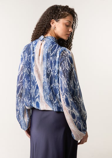 Blue Vanilla Navy Snake Skin High Neck Blouse
