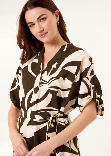 Blue Vanilla Khaki Abstract Print Collarless Shirt Dress