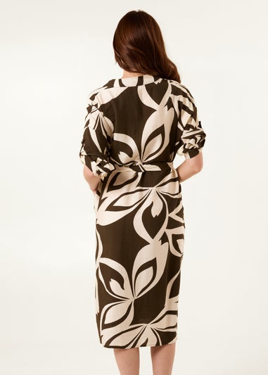 Blue Vanilla Khaki Abstract Print Collarless Shirt Dress
