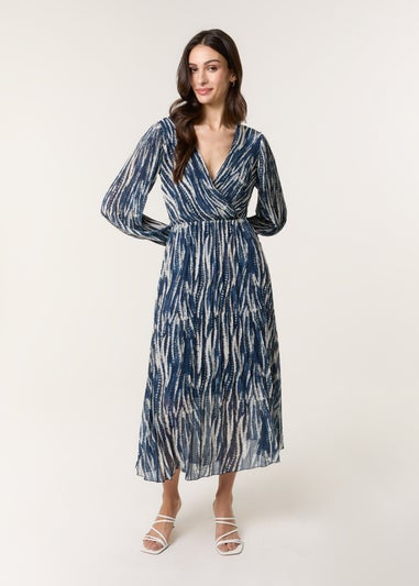 Blue Vanilla Navy Wave Print Pleated Wrap Front Dress