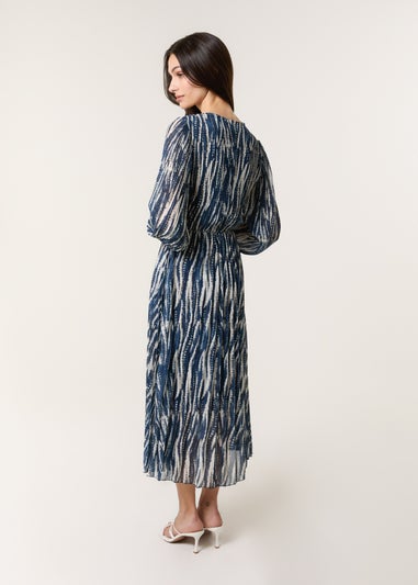 Blue Vanilla Navy Wave Print Pleated Wrap Front Dress