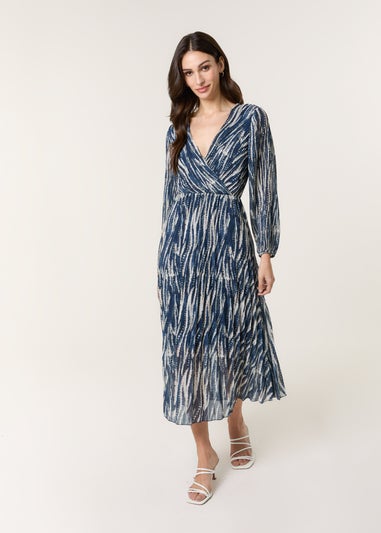 Blue Vanilla Navy Wave Print Pleated Wrap Front Dress