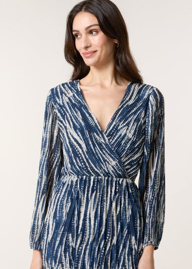 Blue Vanilla Navy Wave Print Pleated Wrap Front Dress