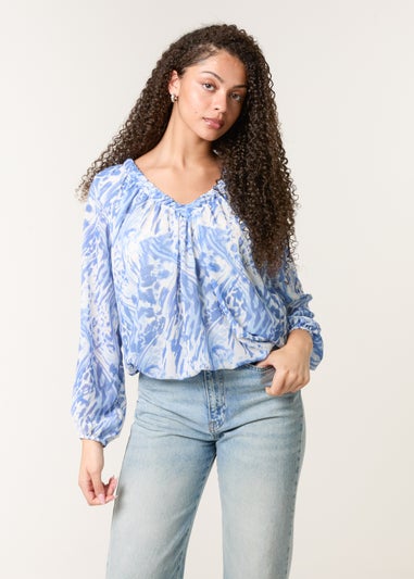 Blue Vanilla Blue V Neck Gathered Bubble Hem Top