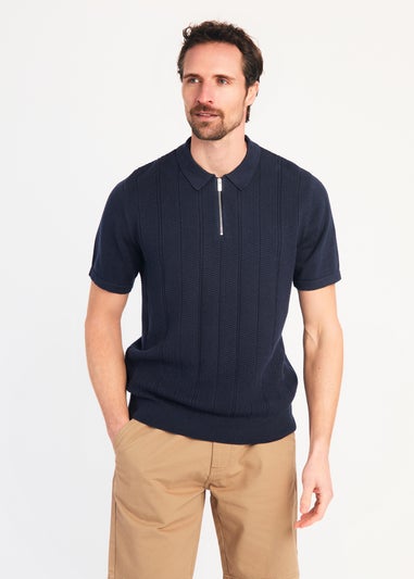 Kensington Eastside Navy Cotton Short Sleeve Zip Neck Polo Shirt