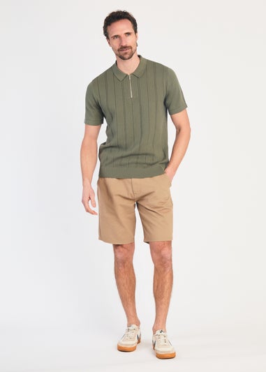 Kensington Eastside Khaki Cotton Short Sleeve Zip Neck Polo Shirt