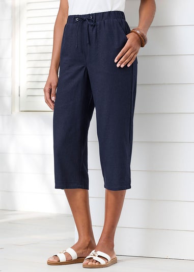 Cotton Traders Navy Linen-Blend Relaxed Fit Crop Trousers