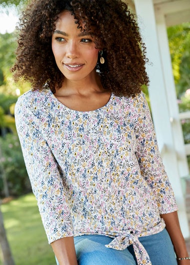Cotton Traders Washed Iris 3/4 Sleeve Tie Waist Print Textured Top