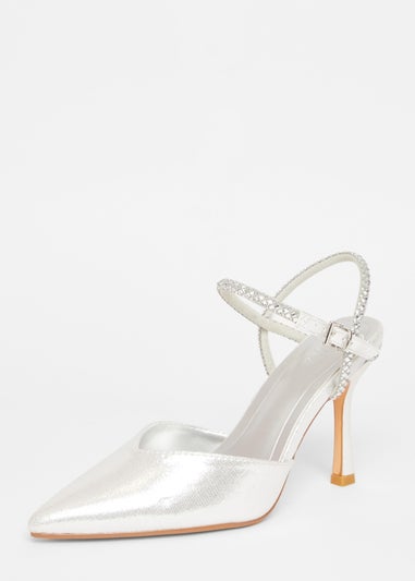 Quiz Silver Diamante Strap Court Heels