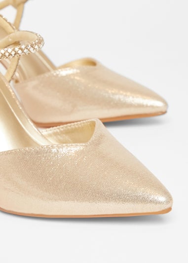 Quiz Gold Diamante Strap Court Heels