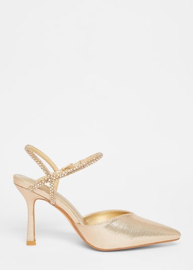 Quiz Gold Diamante Strap Court Heels