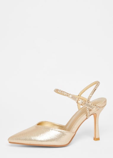 Quiz Gold Diamante Strap Court Heels