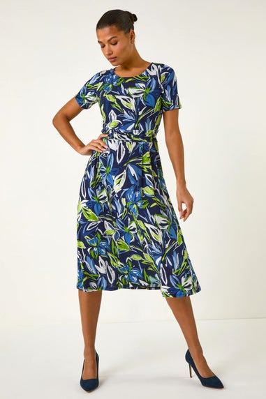 Roman Blue Leaf Print Gathered Midi Dress