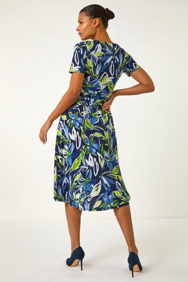 Roman Blue Leaf Print Gathered Midi Dress
