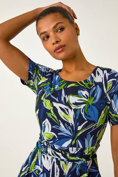 Roman Blue Leaf Print Gathered Midi Dress