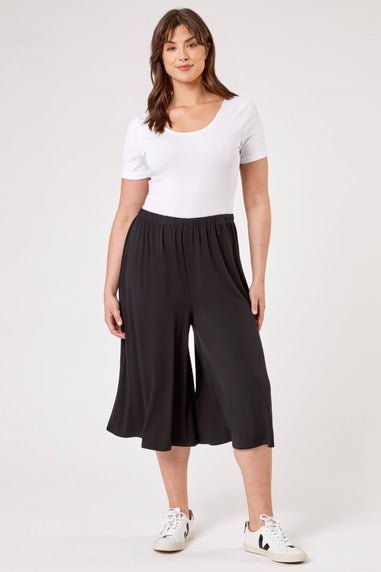 Roman Black Curve Plain Elastic Waist Culotte Trousers